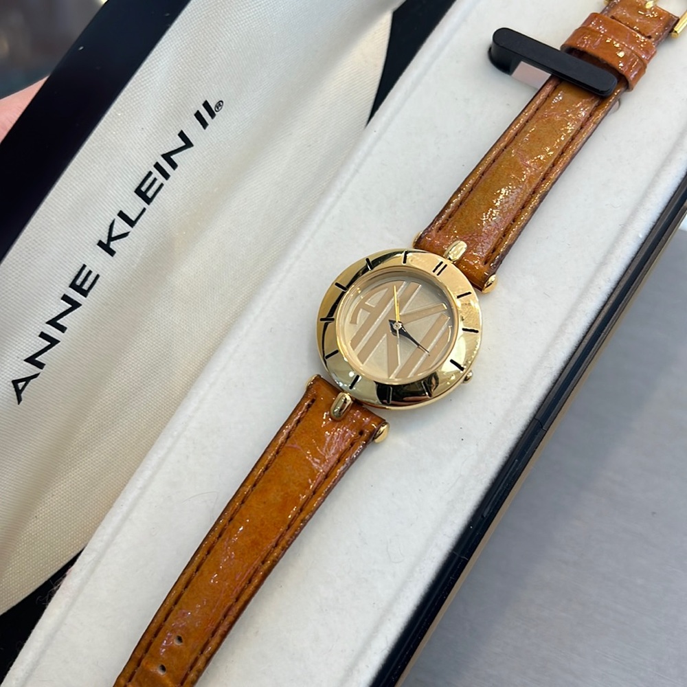 Anne Klein Watch Brown Leather Strap Gold